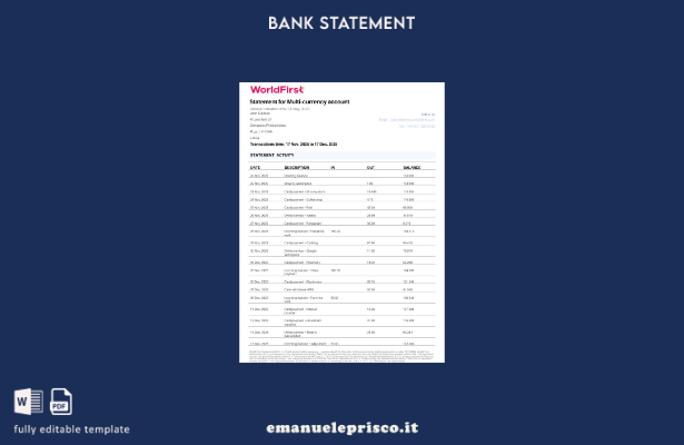 stile verificato Estratto conto bancario WorldFirst del Regno Unito per modello 